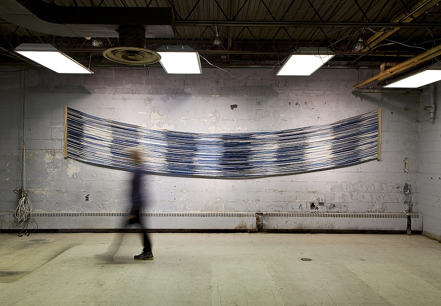 Rowland Ricketts, Indigo Not Rinsed Alternating, Shadow Reflected at Center. Indigo dyed mop cotton and silk, plain weave, 2015.